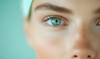Close-up macro shot of bright blue eye with long eyelashes and defined eyebrow against turquoise background, showing natural beauty and facial detail.