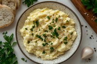 Creamy mashed potatoes garnished with fresh parsley and black pepper served in rustic ceramic bowl, with garlic and bread slices on white background.
