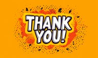 Bold "Thank You!" text on vibrant orange background with comic style lettering and decorative splashes for greeting cards and social media posts.