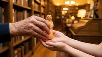 Mature man handing fresh baked croissant to young woman in warm library setting, food sharing and generosity concept for bakery, cafe, and culinary content.