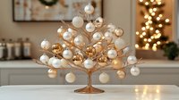Elegant tabletop tree decorated with white and gold baubles on metallic gold stand creates festive holiday atmosphere against blurred Christmas background.