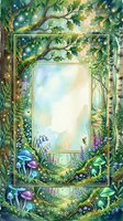 Watercolor enchanted forest frame with glowing mushrooms, fairy lights, and lush greenery surrounding a blank center for text or design.