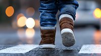 Walking step in brown winter boots and blue jeans on wet asphalt road with bokeh lights in background, close up view of feet in motion at dusk.