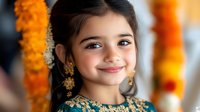 Young girl with dark hair and South Asian ethnicity wearing traditional gold jewelry and ornate clothing, smiling at camera with blurred festive background featuring marigold garlands.