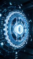 Glowing digital portal with concentric circles and circuit board patterns, featuring blue neon light effects and motion blur creating a futuristic tunnel effect for technology and innovation concepts.