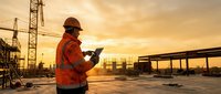 Construction worker in safety gear using tablet at building site during golden hour sunset with cranes and steel framework in background for project management.