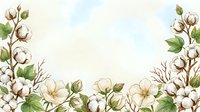 Watercolor cotton flowers and green leaves border frame on soft pastel background with copy space for wedding or nature design.