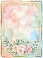 Soft watercolor background with pastel pink, peach, and blue washes, ornate gold filigree border frame, and delicate floral arrangement of roses and greenery at bottom for wedding invitations and greeting cards.