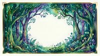 Enchanted forest frame with glowing trees, mushrooms, and lush foliage surrounding a white oval copy space for text or design.