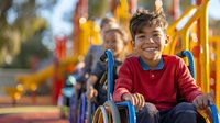 Young Asian boy in wheelchair smiling on inclusive playground with other children playing in background. Accessible outdoor recreation and adaptive equipment for disabled youth.