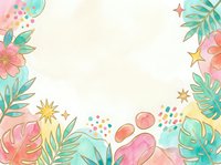 Tropical floral frame with pink flowers, green monstera leaves, and gold stars on cream background. Isolated design element suitable for invitations, greeting cards, and social media graphics.