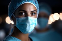 Female medical professional wearing surgical mask and cap in hospital setting with dramatic lighting and bokeh background. Focus on expressive eyes.