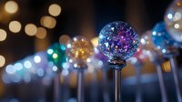 Decorative glass garden solar lights with colorful bokeh effect at dusk create magical outdoor atmosphere. Purple and blue orbs glow against blurred warm lights.