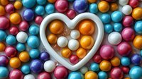 Colorful candy balls and heart shaped container on bright background. Sweet round dragees in pink, blue, gold, white and purple colors arranged in festive pattern.