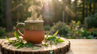 Steaming ceramic mug with hot beverage on wooden slice surrounded by fresh green leaves in warm sunlight creating peaceful morning atmosphere.