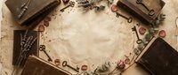 Vintage flat lay frame with antique books, old keys, dried flowers and nostalgic objects on aged paper background for scrapbooking and design projects.