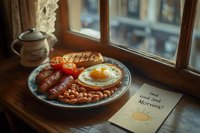Traditional English breakfast with fried egg, sausages, beans and toast served on vintage plate near window with morning greeting note and sunlight.