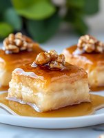 Sweet baklava squares with honey syrup and walnuts on white plate. Traditional Mediterranean dessert with flaky phyllo dough layers and golden caramel topping.