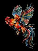 Colorful rooster with vibrant red, blue, and gold plumage isolated on transparent background. Ready for t-shirts, stickers, clipart, and print-on-demand designs.