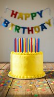 Yellow birthday cake with colorful candles on wooden table, confetti scattered around, happy birthday banner in background, festive celebration concept.