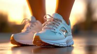 Athletic white running shoes on feet against sunset background, close-up view showing modern sport footwear design with reflective details and laces at golden hour.