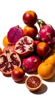 Colorful tropical fruit arrangement with dragon fruit, pomegranate, blood oranges and citrus on white background for healthy eating and nutrition concepts.