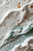 Abstract fluid art with white and mint green swirls featuring copper metallic splatters on textured surface. Dynamic flowing composition creates modern luxury background.