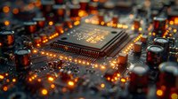 Glowing microprocessor on circuit board with orange light reflections and bokeh effects, electronic components and capacitors in dark background.