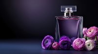 Elegant purple perfume bottle with pink ranunculus flowers on dark background for luxury cosmetics and fragrance advertising campaigns.