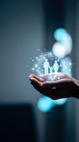 Hands holding glowing holographic family protection shield with couple silhouettes and sparkling light effects for insurance and healthcare concepts.