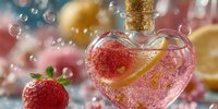 Heart-shaped glass bottle with pink liquid, cork stopper, lemon peel, and strawberry, surrounded by bubbles and citrus fruits on sparkling surface.