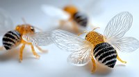 Decorative golden bees with transparent wings and striped bodies on light background, macro close-up view showing delicate details and craftsmanship.