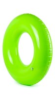Bright lime green inflatable ring float with center hole, featuring glossy vinyl material and seam details, suitable for swimming pools, beaches, water recreation, and summer leisure activities.