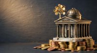 Golden bank building with columns and tree logo surrounded by stacked coins on dark background representing financial growth and investment concepts.