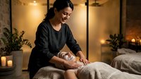 Professional female massage therapist performing relaxing spa treatment on client in warm candlelit wellness center for stress relief and rejuvenation.
