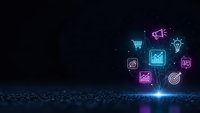 Digital marketing technology concept with glowing neon business icons floating above data stream on dark background for presentations and web design.