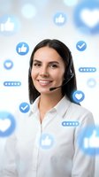 Smiling female customer service representative with headset surrounded by social media icons and rating stars for business communication.