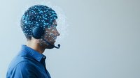 Young African American male customer service representative with headset, profile view against light background, digital brain pattern overlay representing AI technology.