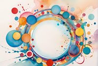 Abstract watercolor frame with vibrant circles, splashes and dots in blue, orange, and red tones creates dynamic composition on light background. Suitable for design projects.