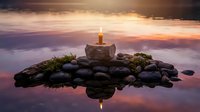 Zen meditation stone cairn with burning candle surrounded by smooth river rocks and moss, floating on calm water during golden sunset hour.