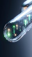 Macro shot of water drop with sparkling bokeh lights reflecting through liquid surface creating magical atmosphere. Green and warm light spots shine within.