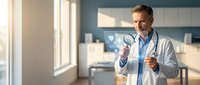 Middle-aged Caucasian male doctor in white coat using digital tablet with holographic medical interface in modern hospital room for telemedicine consultation.
