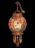Ornamental Asian lantern with intricate floral designs, red and gold metalwork, and decorative tassels. Isolated on transparent background, ready for clipart, print-on-demand, sublimation, t-shirt design, and sticker applications.