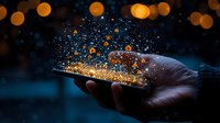 Magical glowing particles floating from smartphone in dark environment with bokeh lights, hand holding device with sparkles and stardust emerging into night sky.