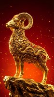 Golden ram figurine with ornate decorative patterns standing on rocky base against glowing red background with floating particles, suitable for luxury, wealth, and prosperity concepts.