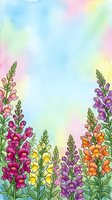 Watercolor snapdragon flowers in pink, purple, orange and yellow bloom against a soft pastel rainbow background with copy space.