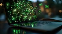 Glowing green email icons floating from laptop screen with bokeh light effects in dark setting, representing digital communication and messaging technology.