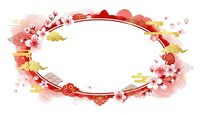 Elegant oval frame with cherry blossoms and traditional Asian patterns in red and pink watercolor style for spring designs and cultural celebrations.