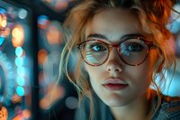 Young woman in tortoise shell glasses gazing thoughtfully, with orange and teal bokeh lights creating dreamy atmosphere. Messy updo hairstyle and natural makeup enhance portrait.
