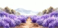 Dreamy lavender field pathway with purple blooms stretching toward distant mountains, creating serene countryside landscape.